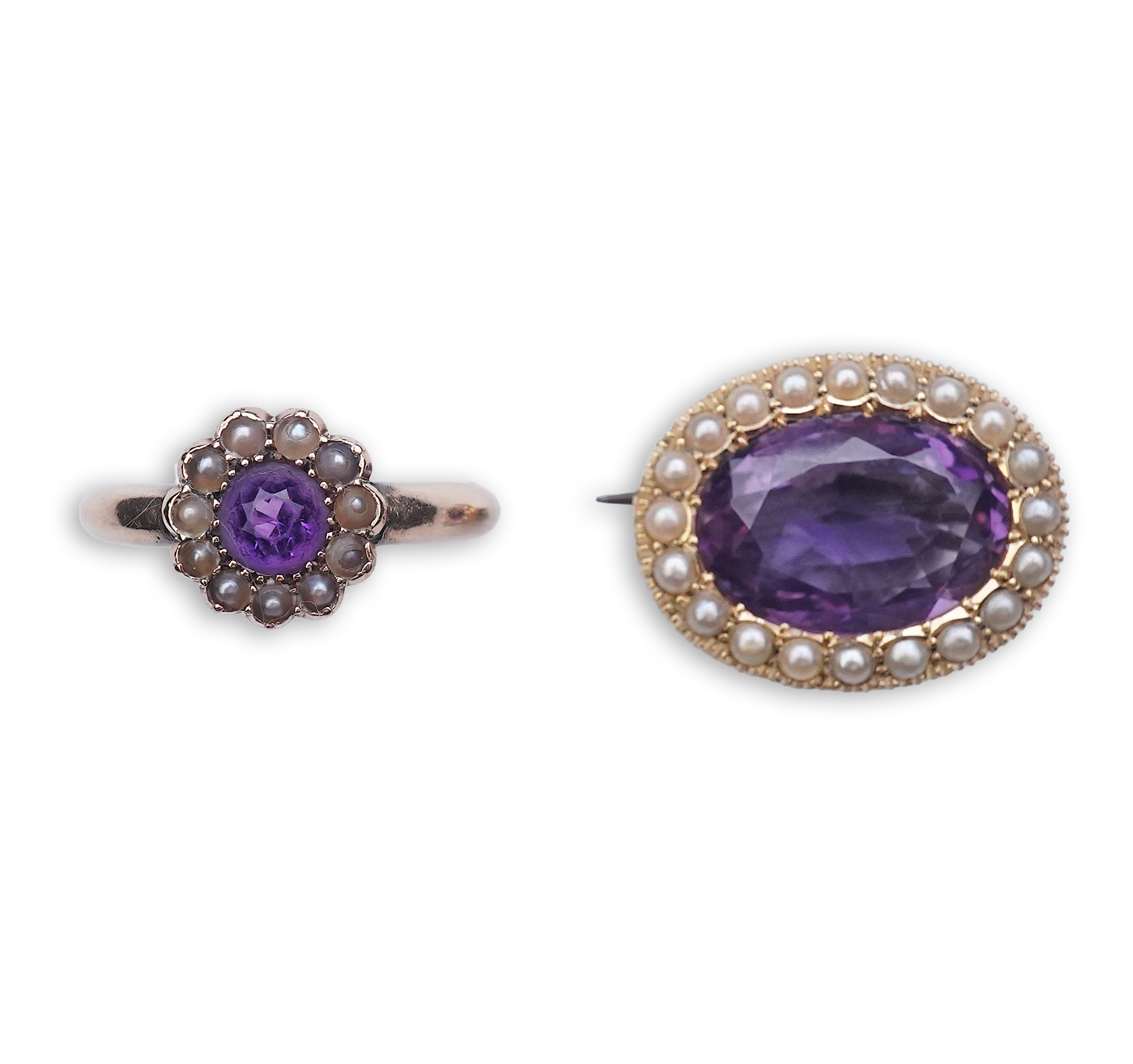 An amethyst brooch and an amethyst mourning ring, early 20th century